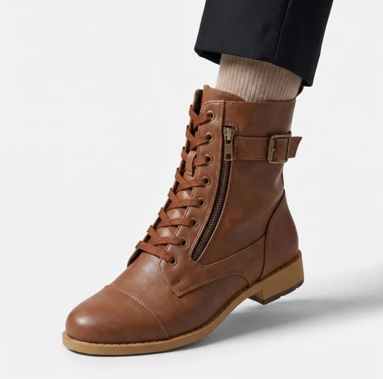 Ainsworth Lace-Up Boots in tan, worn with dark trousers