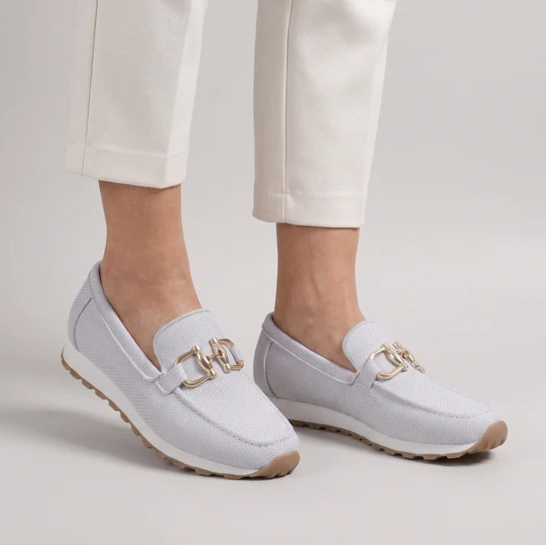 Annette Loafers in light grey, worn with cream trousers