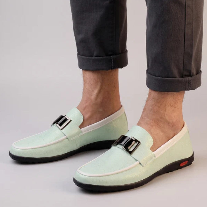 Midhurst Buckle Slip-Ons in mint, worn with grey trousers