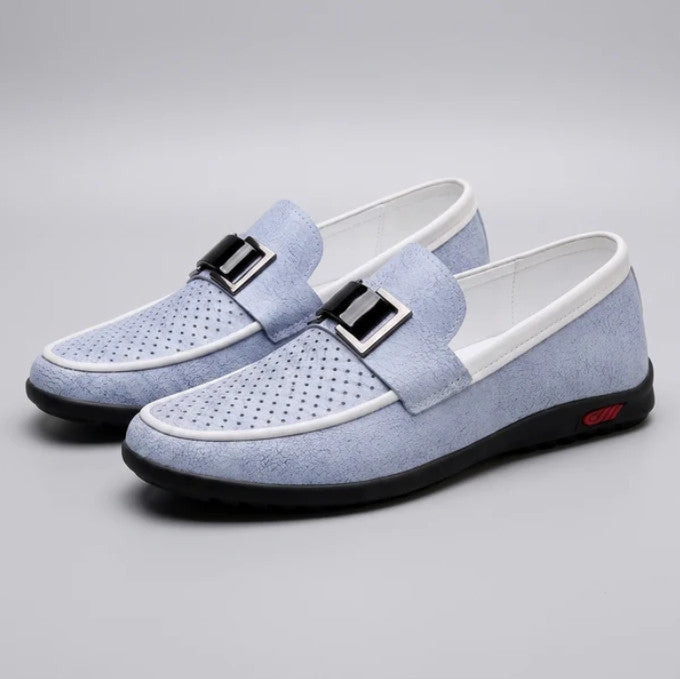 Midhurst Buckle Slip-Ons in sky blue perforated, three-quarter view