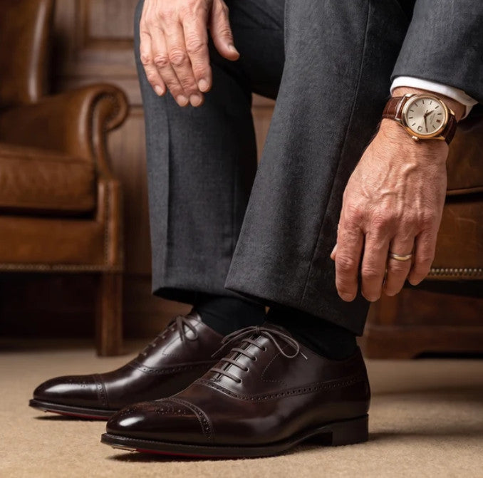 Ravello Oxford Brogues in brown, worn with grey trousers
